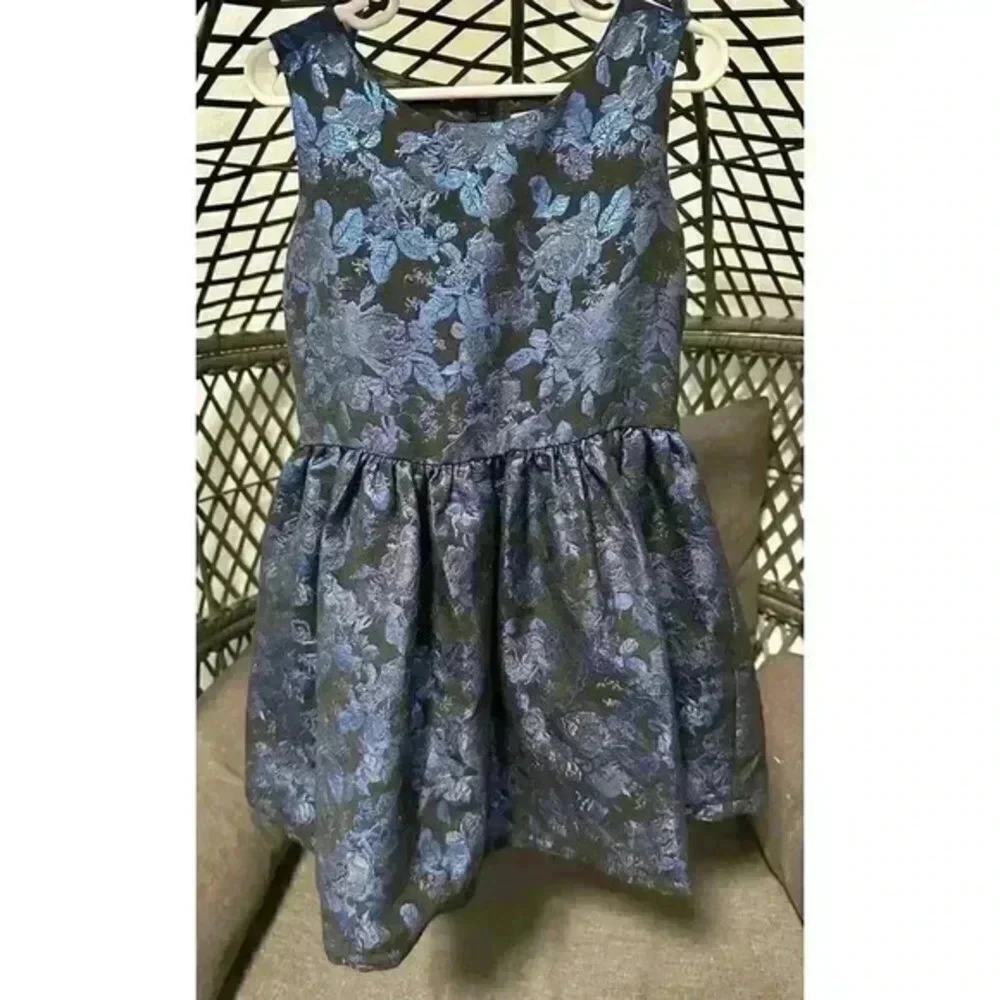 The Childrens Place Girls Dress Size 6 Blue Black Metallic Floral Jacquard Party